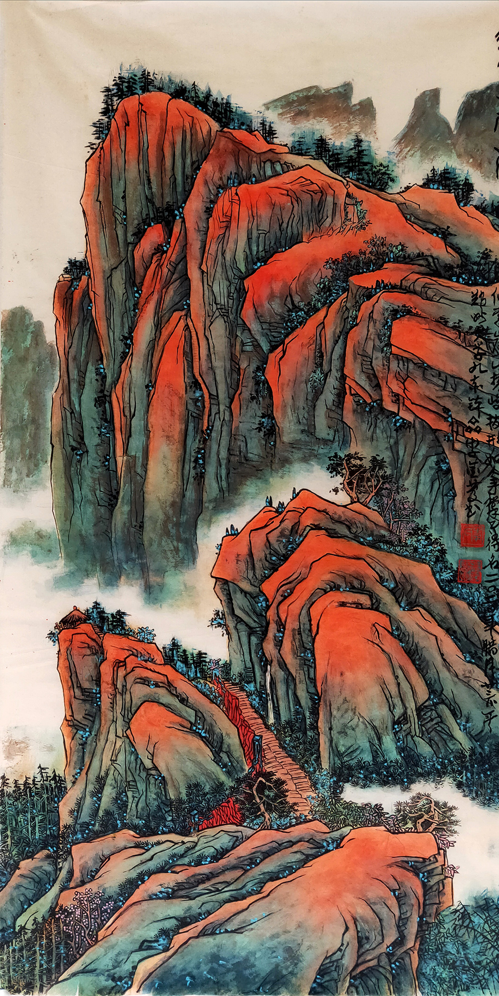 李金庆作品 浅绛山水《华山仙掌岩》  题注：仙掌岩山势峻拔，形如手掌而得名   2014年腊月二三小年  规格：138x69cm